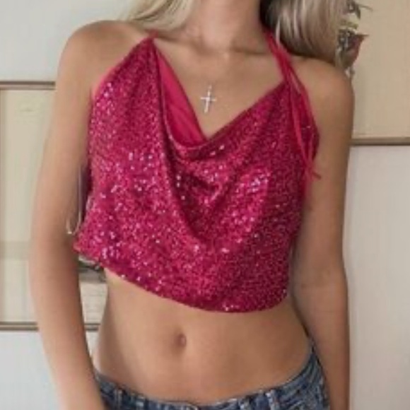 Wild Fable Pink Sequin Crop Tank Top Sequins Pink Magenta - Picture 1 of 7